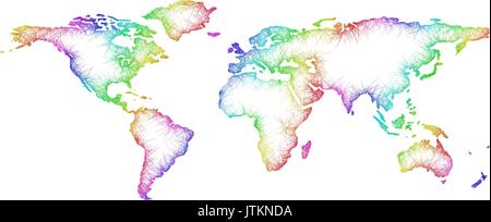 Rainbow sketch world map design from multicolored curved lines Stock Vector