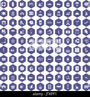 100 luggage icons hexagon purple Stock Vector