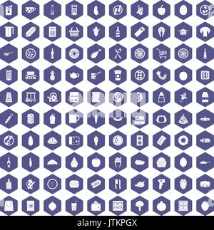 100 lunch icons hexagon purple Stock Vector