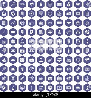 100 media icons hexagon purple Stock Vector