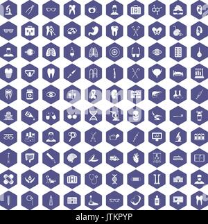100 medical icons hexagon purple Stock Vector