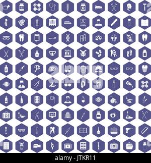 100 medical accessories icons hexagon purple Stock Vector