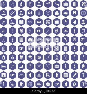 100 medical care icons hexagon purple Stock Vector