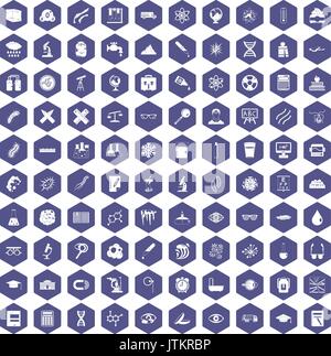 100 microscope icons hexagon purple Stock Vector