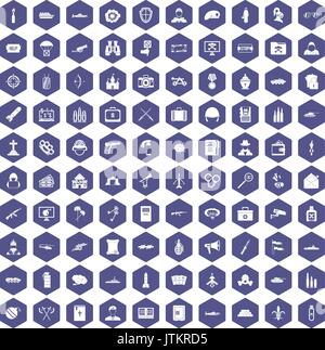 100 military icons hexagon purple Stock Vector