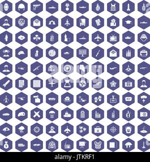 100 military journalist icons hexagon purple Stock Vector