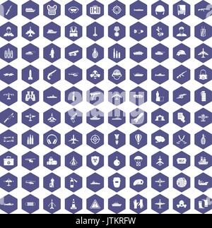 100 military resources icons hexagon purple Stock Vector