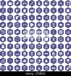100 mobile app icons hexagon purple Stock Vector