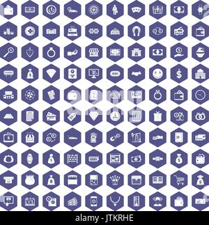 100 money icons hexagon purple Stock Vector