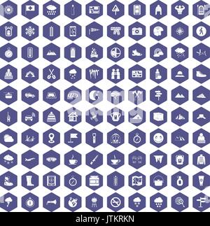 100 mountaineering icons hexagon purple Stock Vector