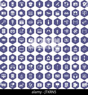 100 multimedia icons hexagon purple Stock Vector