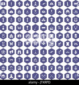 100 museum icons hexagon purple Stock Vector