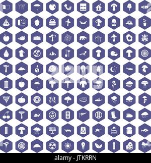 100 mushrooms icons hexagon purple Stock Vector