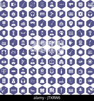 100 music icons hexagon purple Stock Vector