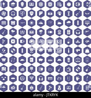 100 music festival icons hexagon purple Stock Vector