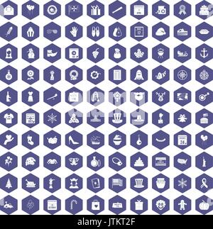 100 national holiday icons hexagon purple Stock Vector