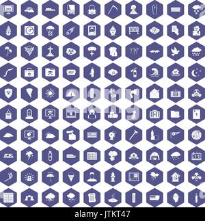 100 natural disasters icons hexagon purple Stock Vector