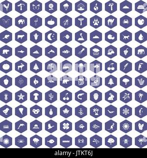100 nature icons hexagon purple Stock Vector
