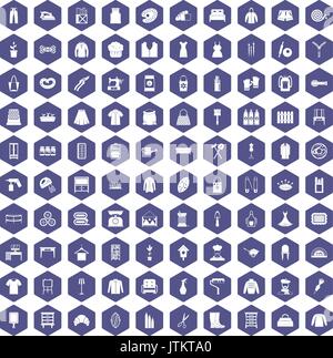 100 needlework icons hexagon purple Stock Vector