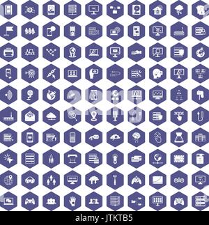 100 network icons hexagon purple Stock Vector