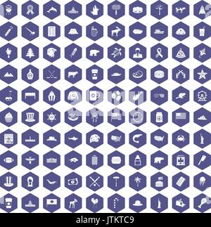 100 North America icons hexagon purple Stock Vector