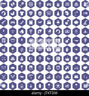 100 nursery icons hexagon purple Stock Vector