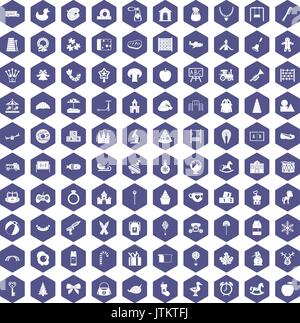 100 nursery school icons hexagon purple Stock Vector