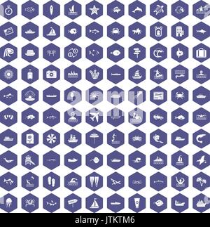 100 ocean icons hexagon purple Stock Vector