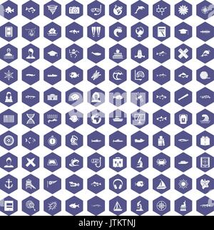 100 oceanologist icons hexagon purple Stock Vector