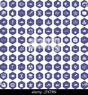 100 oceanology icons hexagon purple Stock Vector