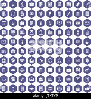 100 office icons hexagon purple Stock Vector