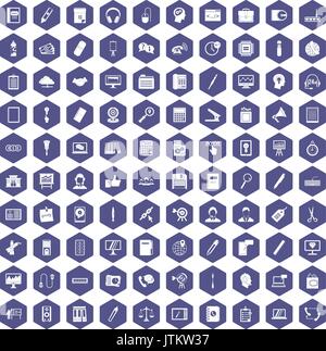 100 office work icons hexagon purple Stock Vector