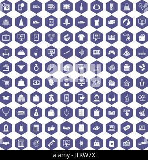 100 online shopping icons hexagon purple Stock Vector
