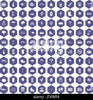 100 park icons hexagon purple Stock Vector
