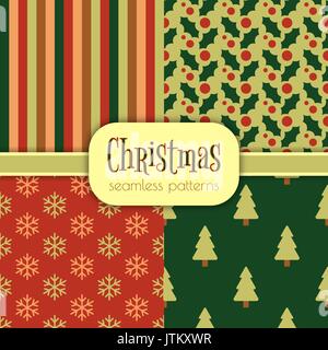 Set of bright seamless Christmas patterns in traditional colors. 4 simple designs with traditional Christmas and New Year elements. Stock Vector