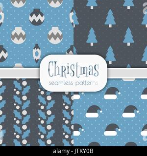 Set of seamless Christmas patterns in cold winter colors. 4 simple designs with traditional Christmas and New Year elements on a dotted background. Stock Vector