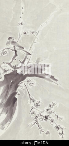 Bird on a tree branch. ink black and white illustration Stock Photo - Alamy