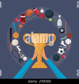 color background with hands holding a golden trophy cup with circular border around with icons elements sport Stock Vector