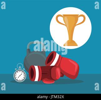 color background with elements boxing kettlebell and chronometer with circular frame cup trophy Stock Vector