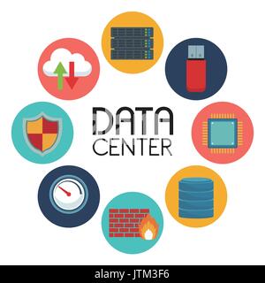 white background with text data center an icons elements around Stock Vector