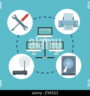 color background with networking computer technology elements in icons around Stock Vector