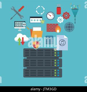 color background with rack server router and technology elements in icons floating Stock Vector