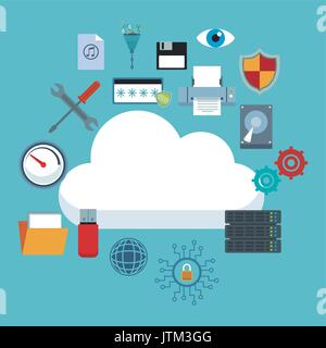 color background with cloud storage and technology elements in icons floating around Stock Vector