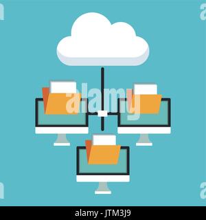 color background with cloud storage and computer display group with folders Stock Vector