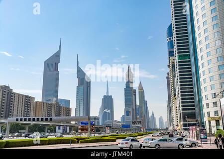 Dubai, United Arab Emirates - February 8, 2017 - View of the skyscrapers along Sheikh Zayed Road - including the Emirates Towers and Dubai Internation Stock Photo