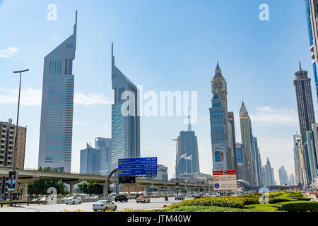 Dubai, United Arab Emirates - February 8, 2017 - View of the skyscrapers along Sheikh Zayed Road - including the Emirates Towers and Dubai Internation Stock Photo