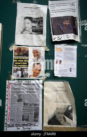 Grenfell Tower, West London. Aftermath of the tragedy.Notices seeking information on missing people. Stock Photo