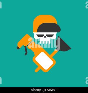 Plumber service emblem. Plumber and Logo Cleaning. Skull and rubber plunger and wrench. Stock Vector