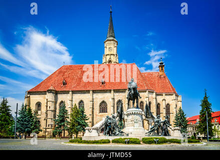 Cluj, Romania. Medieval St. Michael's Church and Union Square in Cluj-Napoca, Transylvania. Stock Photo