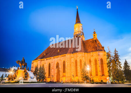 Cluj, Romania. Night scene with St. Michael's Church and Unirii Square in Cluj-Napoca, Transylvania. Stock Photo